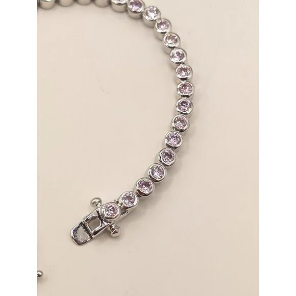 Silver Tone Tennis Bracelet With Pink CZ Stones & Secure Clasp - Picture 8 of 11